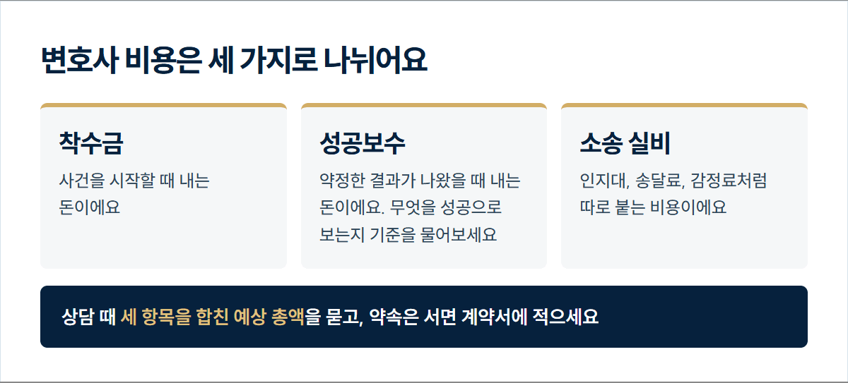 변호사 비용 구성: 착수금, 성공보수, 소송 실비 세 가지와 예상 총액 확인