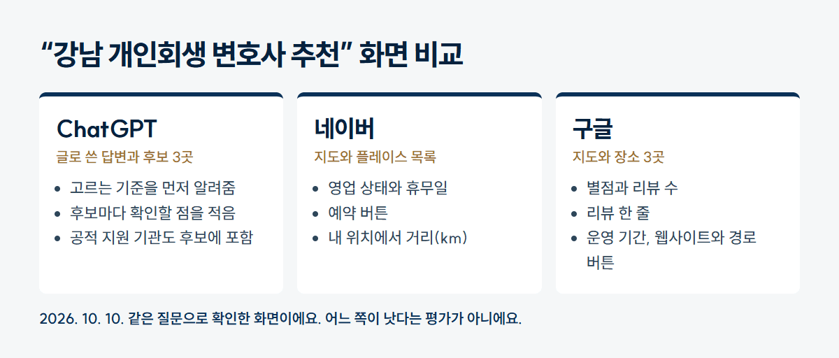 “강남 개인회생 변호사 추천” 화면 비교: ChatGPT는 글로 쓴 답변과 후보 3곳, 네이버는 지도와 플레이스 목록, 구글은 지도와 장소 3곳