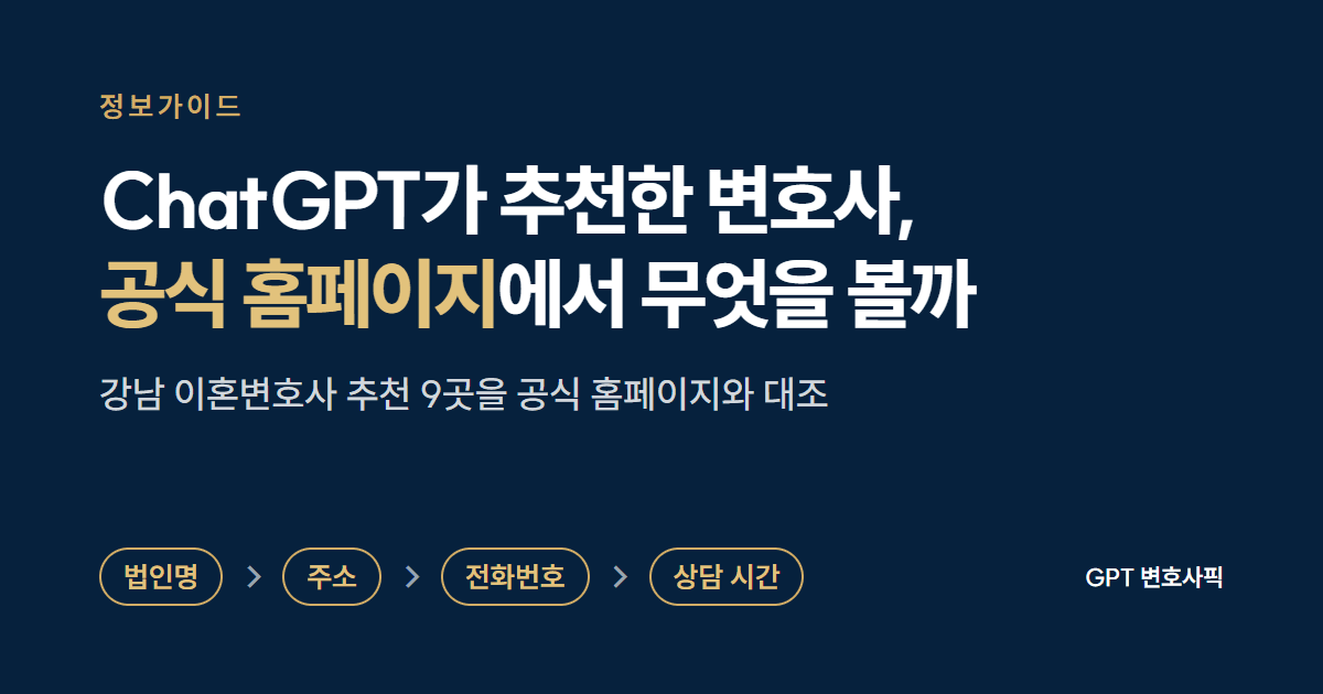 ChatGPT가 추천한 변호사의 공식 홈페이지에서는 무엇을 확인해야 할까: 법인명, 주소, 전화번호, 상담 시간 순서로 강남 이혼변호사 추천 9곳을 공식 홈페이지와 대조한 정보가이드 대표 이미지
